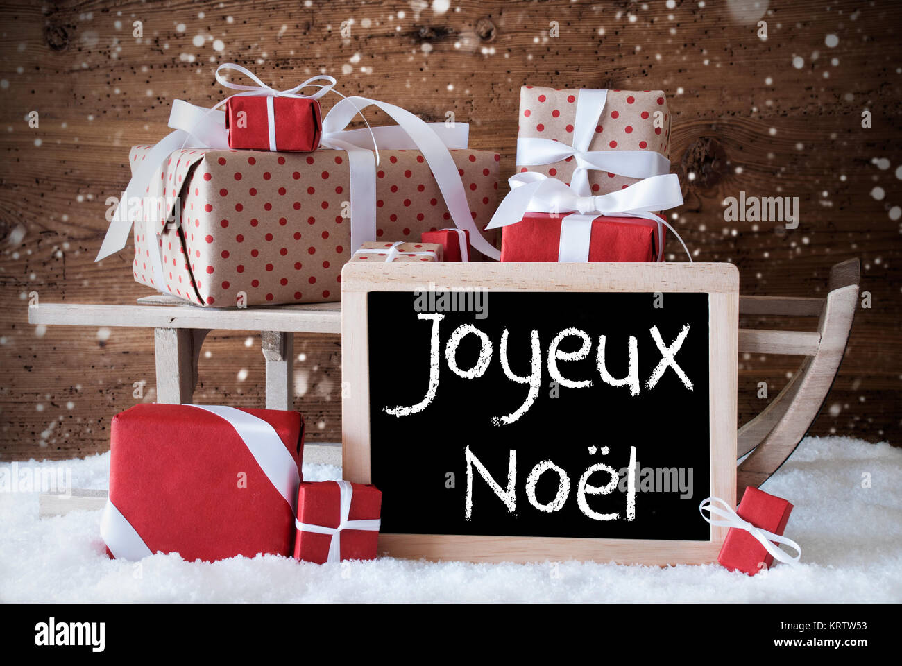 Chalkboard With French Text Joyeux Noel Means Merry Christmas Sled Stock Photo Alamy