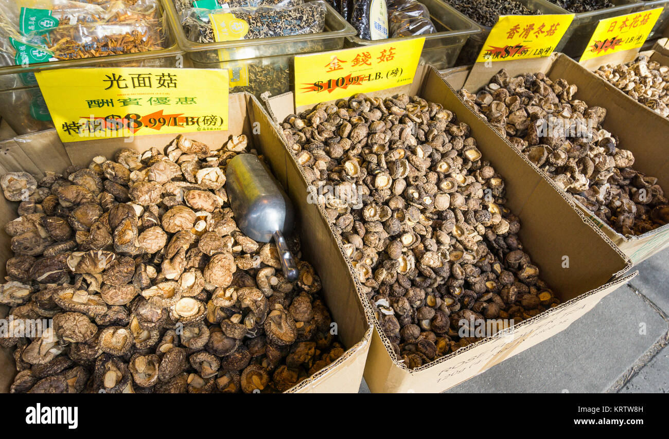 Dried shiitake mushrooms for sale at a street stall in Chinatown, New