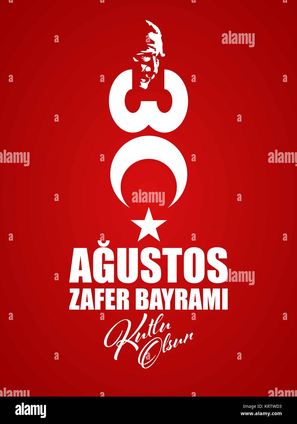 30 Agustos Zafer Bayrami Tebrik Karti - August 30 Victory Day of Turkey. Greeting card concept on red background. Stock Vector