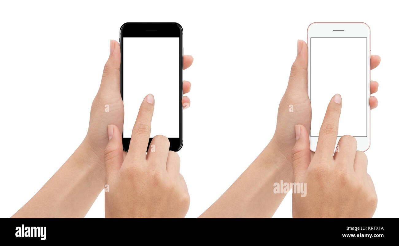 hand touch phone isolated with clipping path on white background, mock-up smart phone blank screen Stock Photo