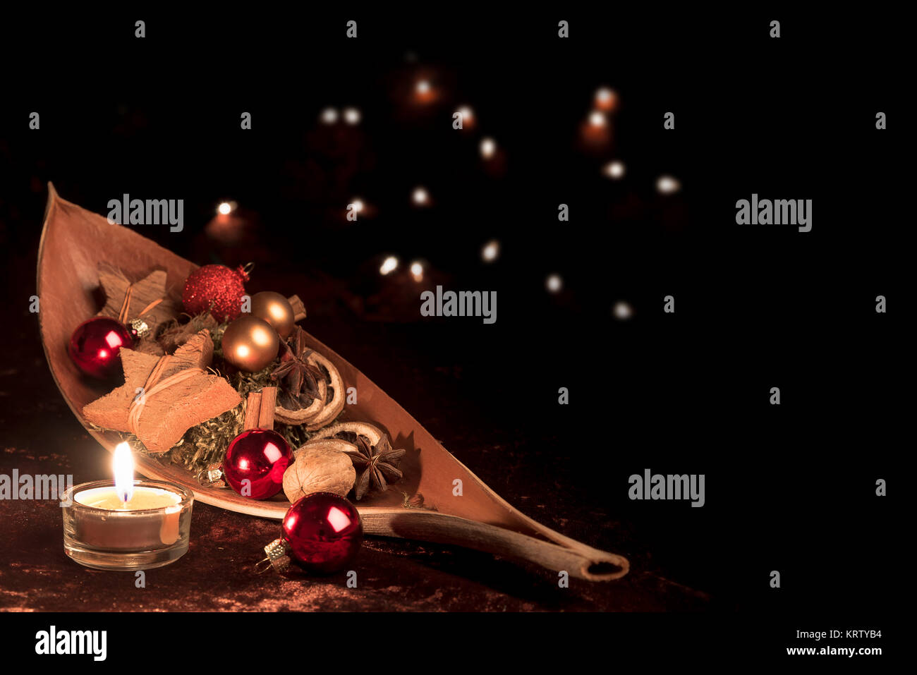 Christmas Decorations with Candle Stock Photo