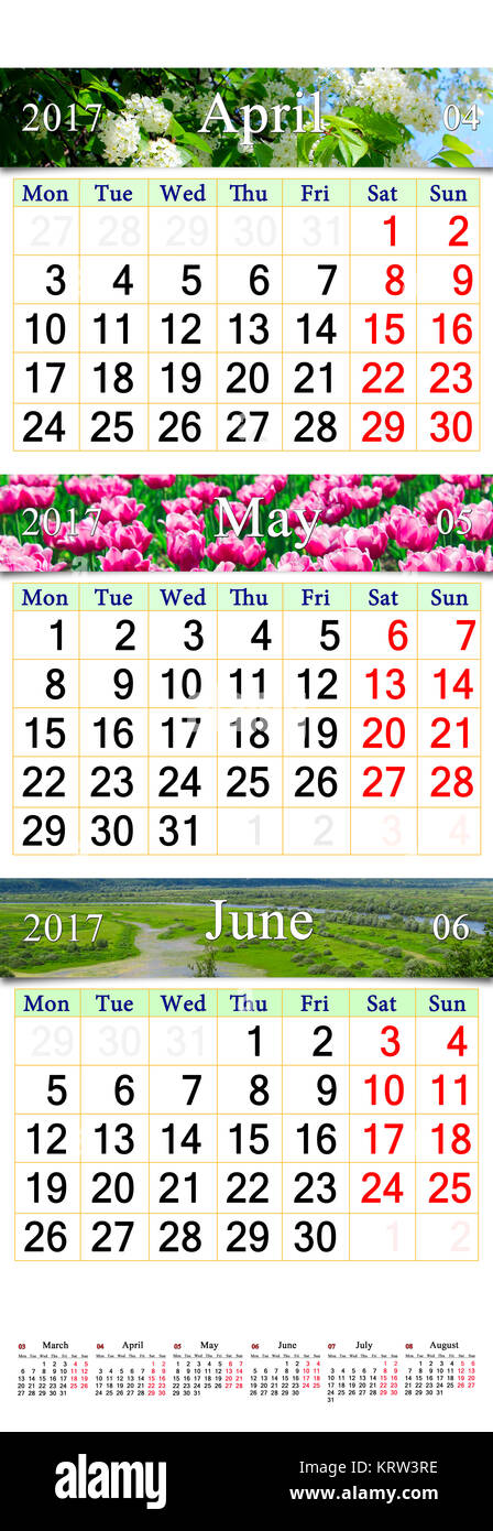 triple calendar for April May and June 2017 with pictures Stock Photo