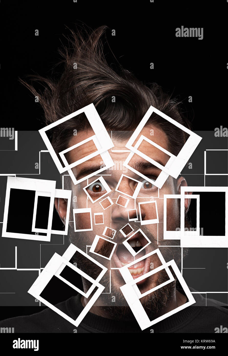 Man is looking scared. Over gray background. Collage Stock Photo - Alamy