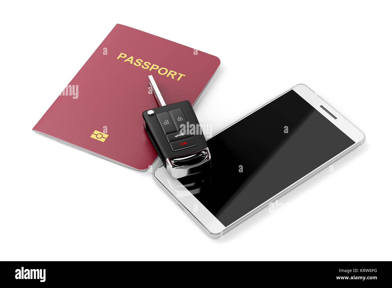 Smartphone, passport and car key Stock Photo