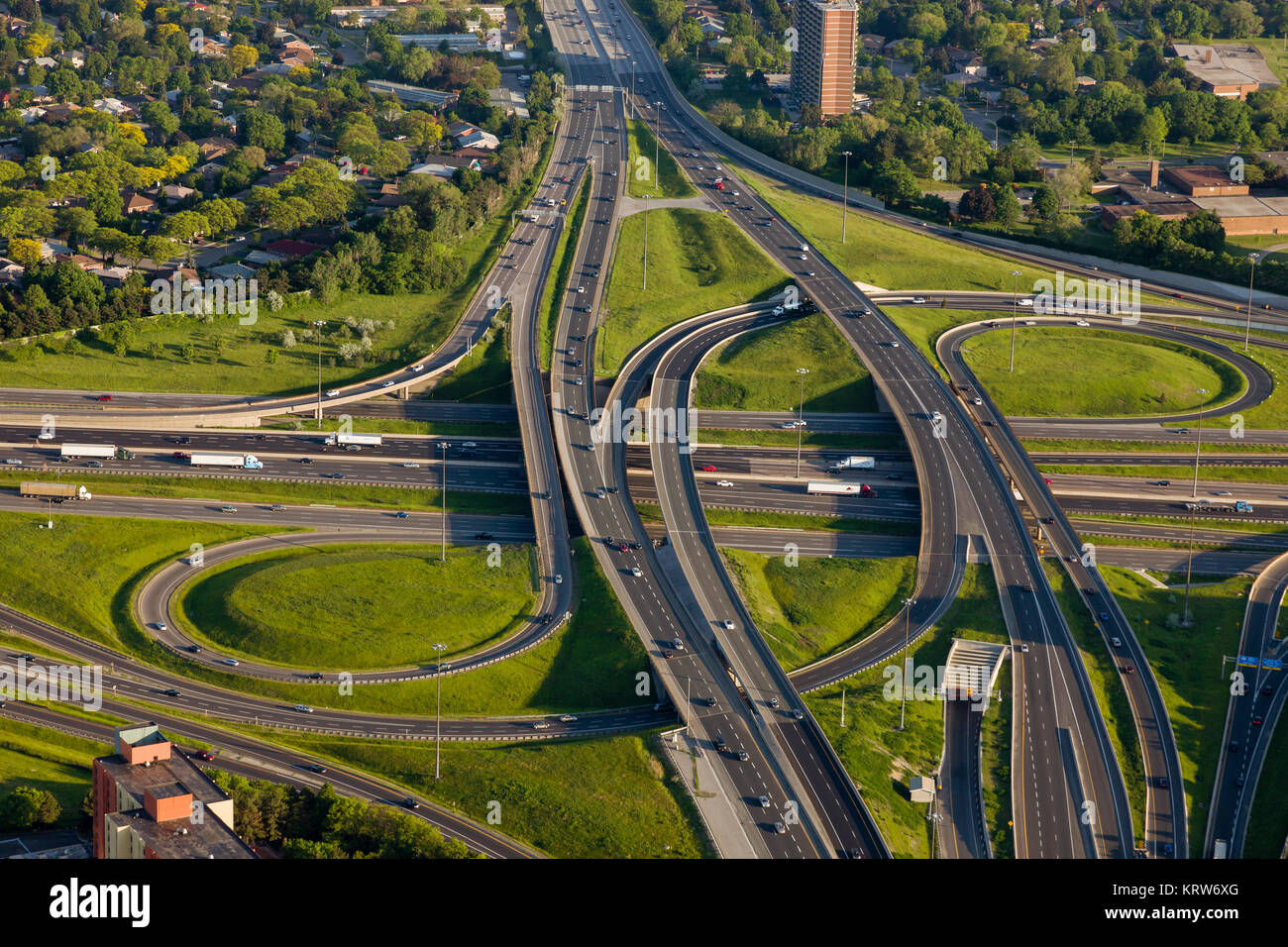 An aerial view of a highway interchange in Toronto Stock Photo