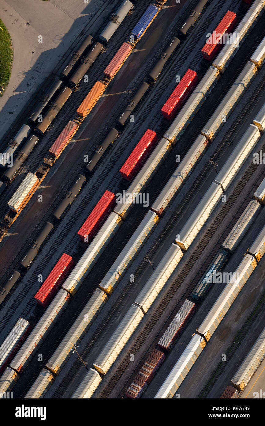 An aerial view of a railway junction yard. Stock Photo