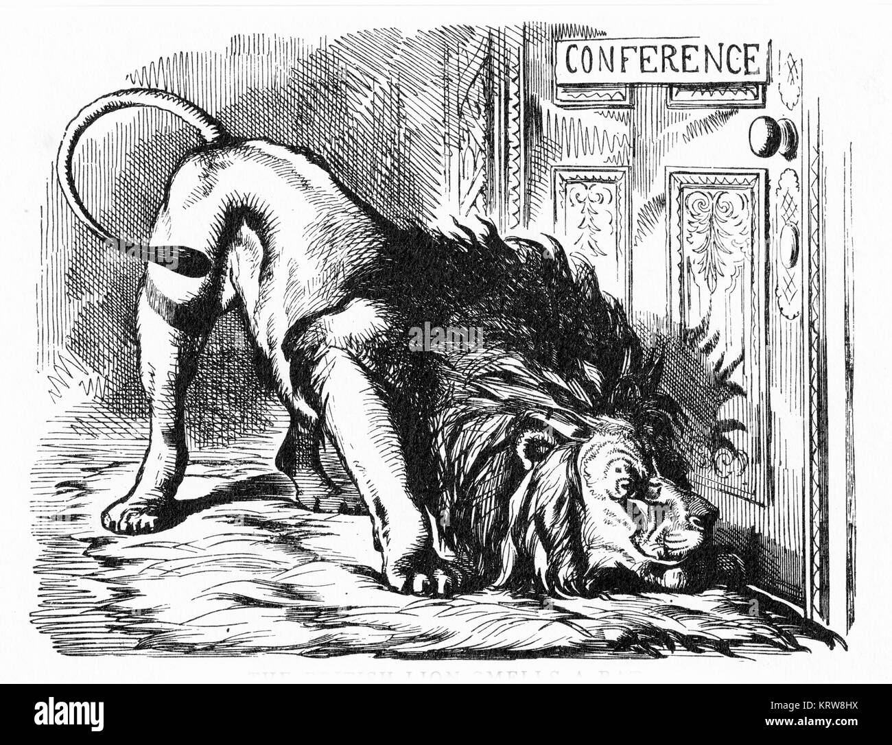 An engraving from Punch magazine depicts the British Lion as it smells a rat while locked out of a European conference Stock Photo