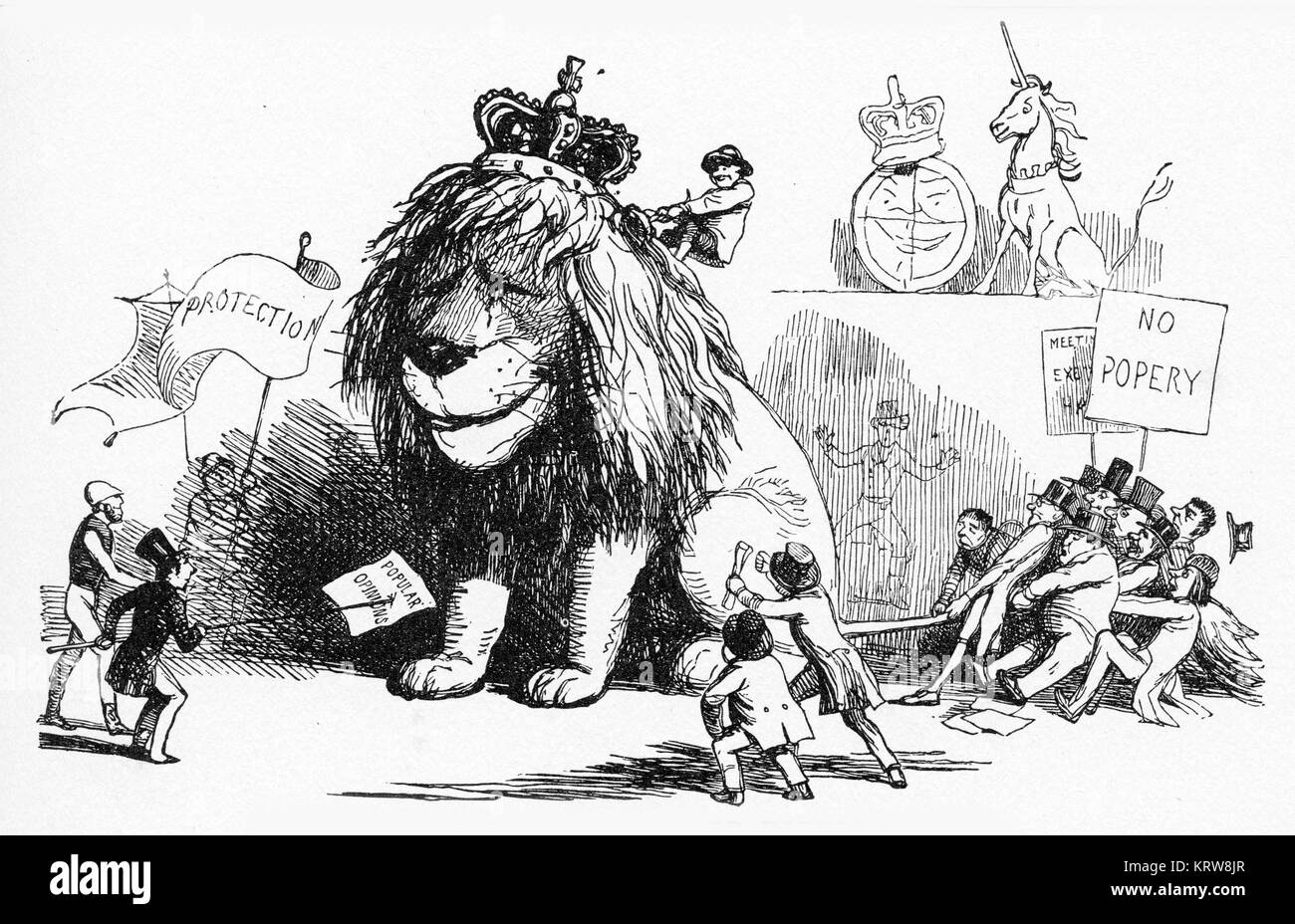 An engraving from Punch Magazine depicting the British Lion in times of difficulties, battling a tide of popular opinions and the demands of the publi Stock Photo