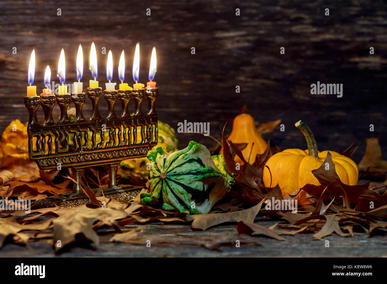 Hanuka menorah with burning candles. Jewish holiday hannukah Stock