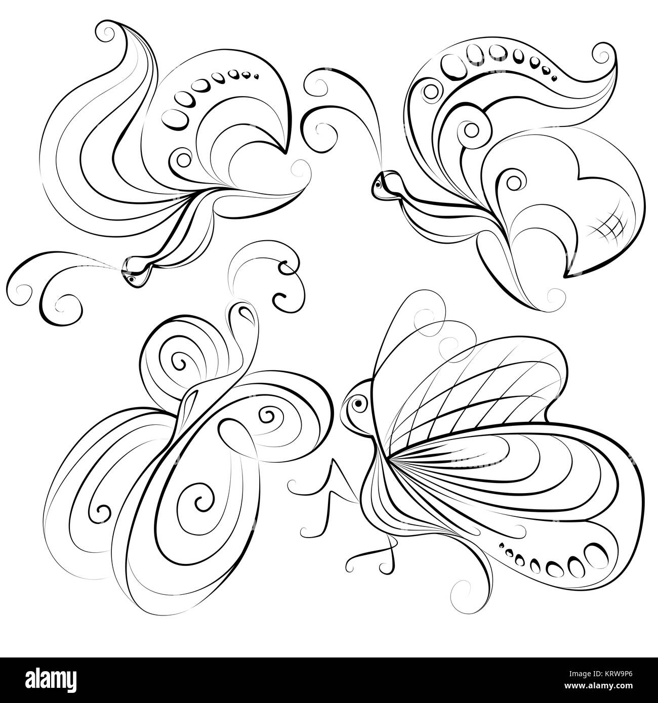 Illustration - four different butterflies without a fill color on white background Stock Photo