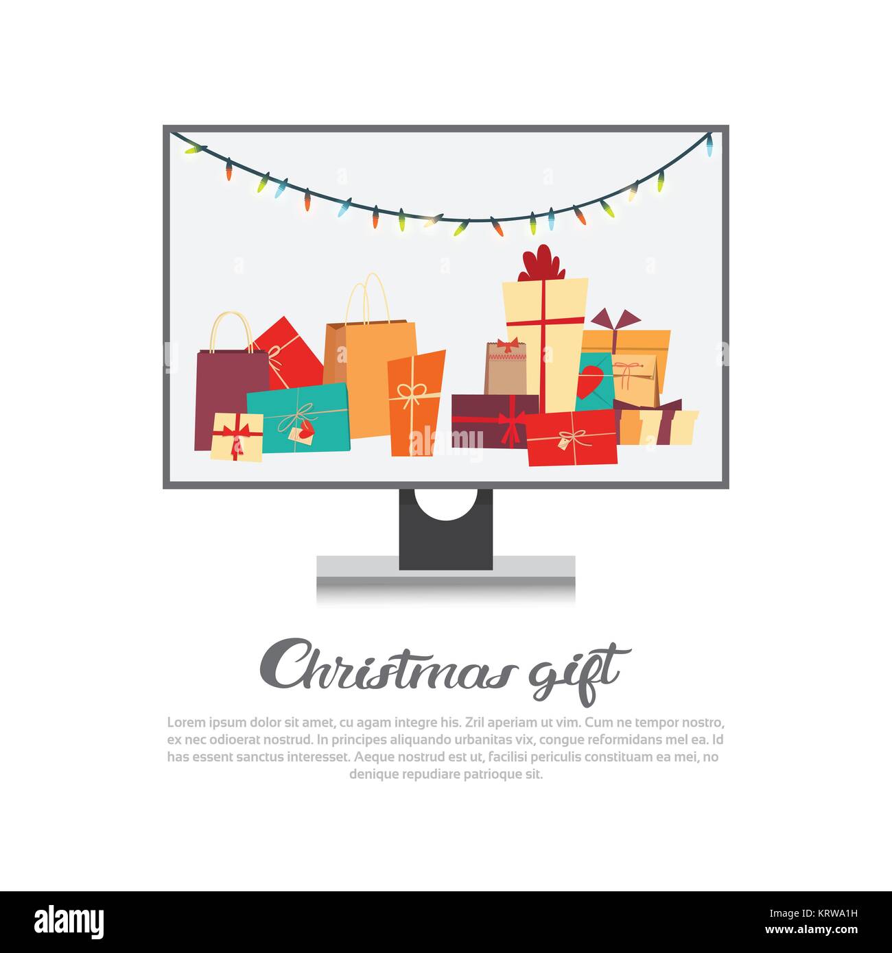 Computer Monitor With Garland And Holiday Decorations Christmas Gift Concept New Year Sales On Gadgets Banner Stock Vector