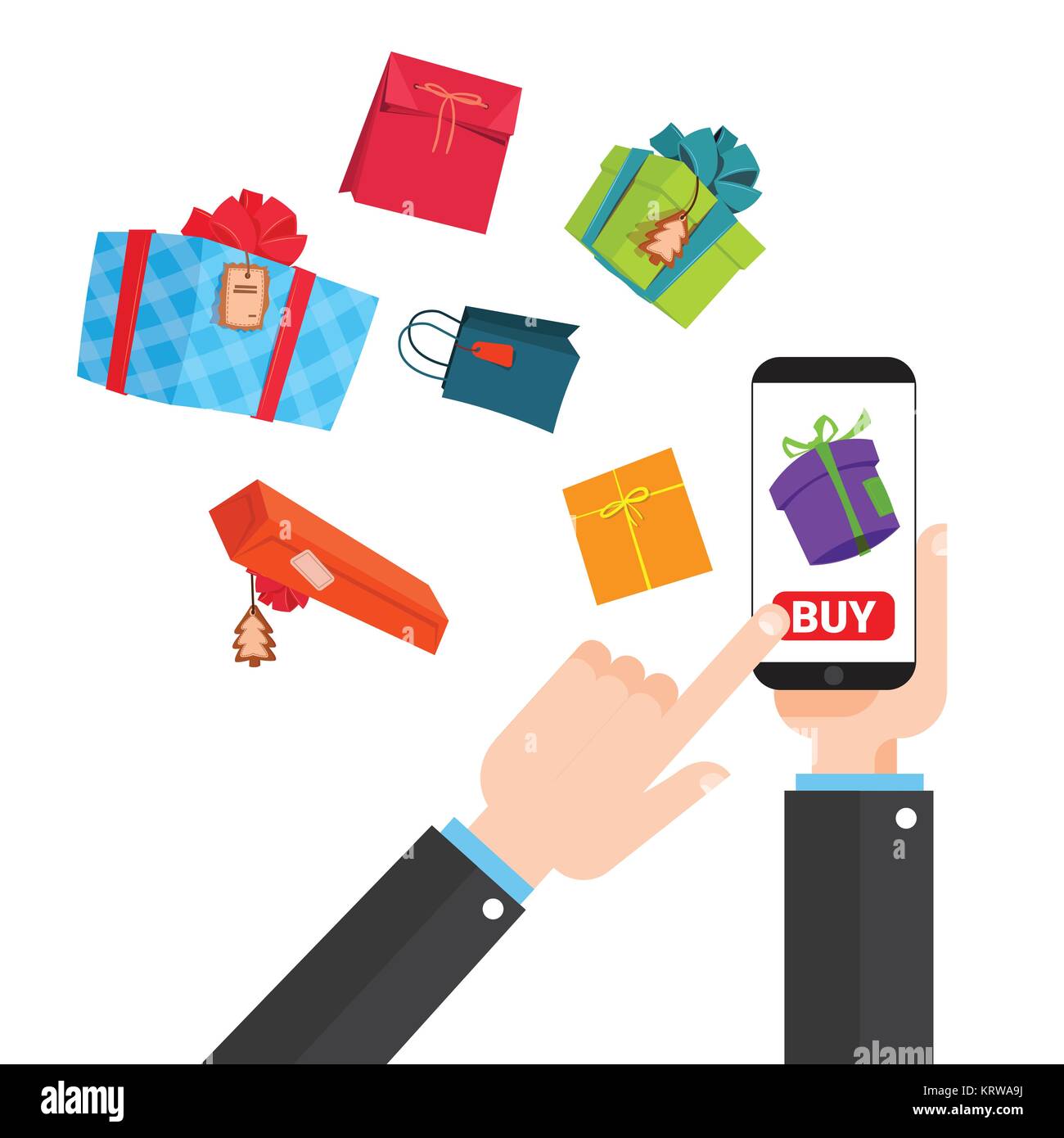 Shopping Online Concept Hand Holding Smart Phone Buying Presents In