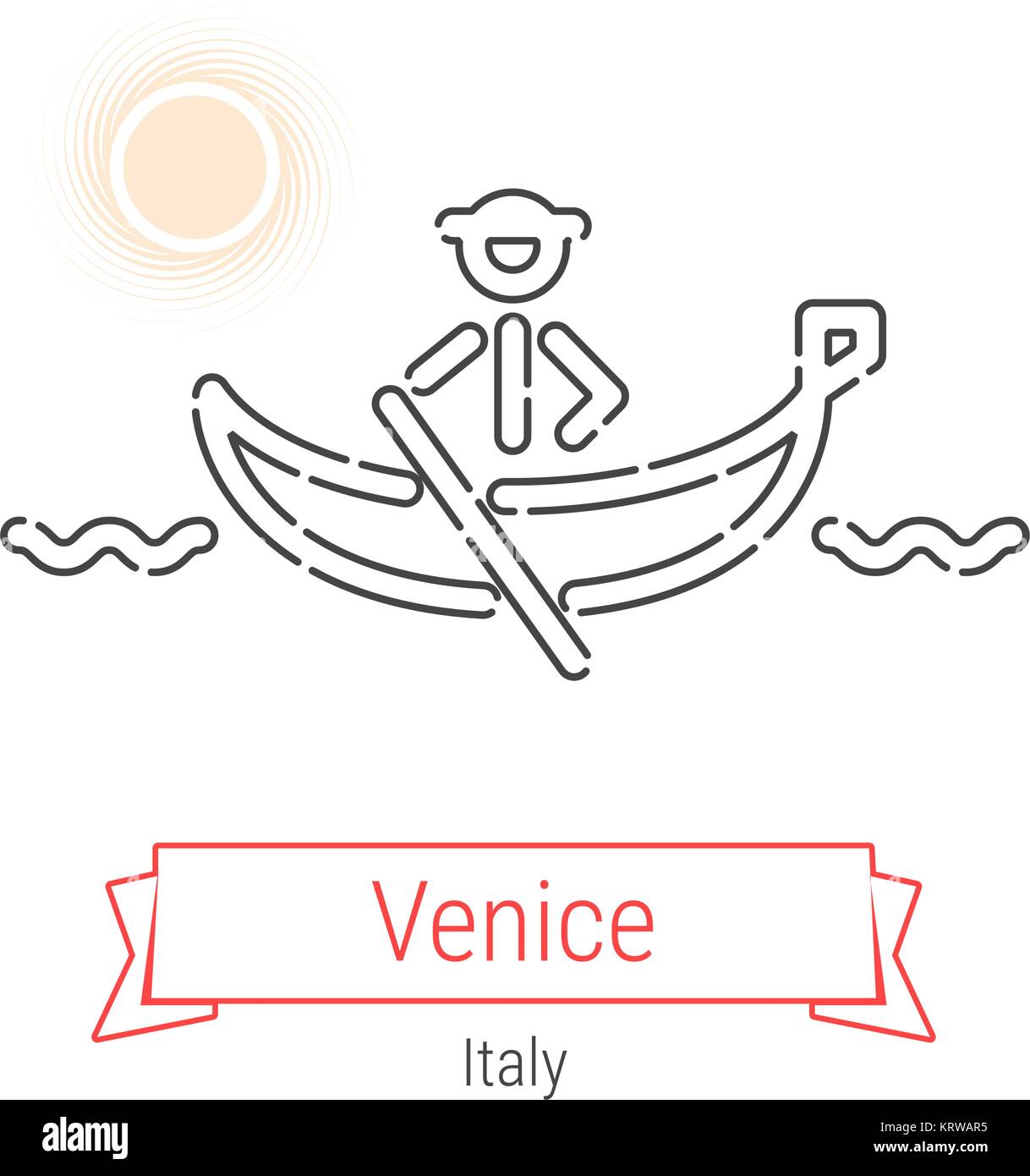 Venice, Italy Vector Line Icon with Red Ribbon Isolated on White. Venice Landmark - Emblem - Print - Label - Symbol. Venice Gondola Pictogram Stock Vector