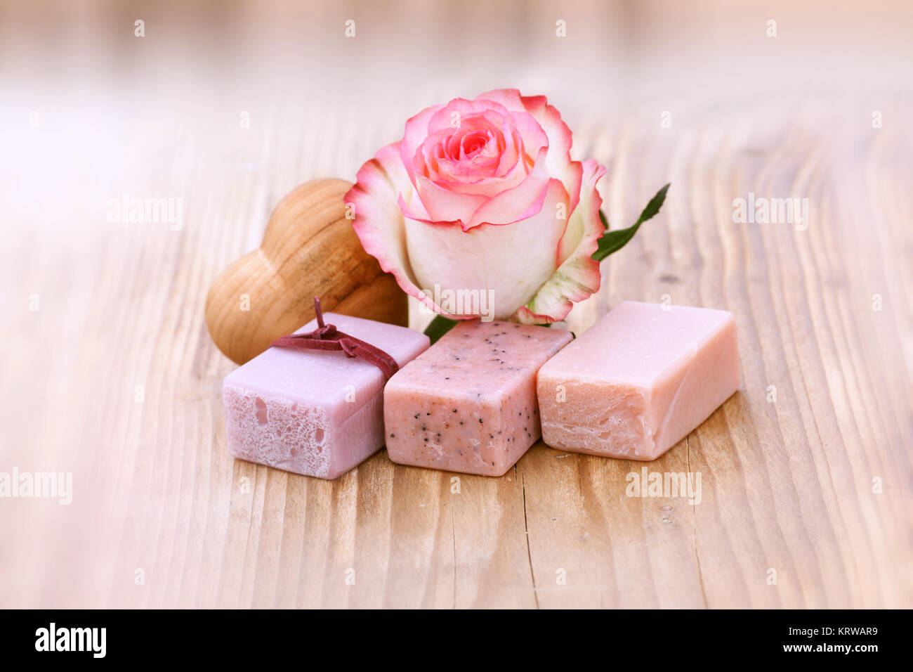 Spa still life with aromatic soap on wood for a spa treatment Stock Photo