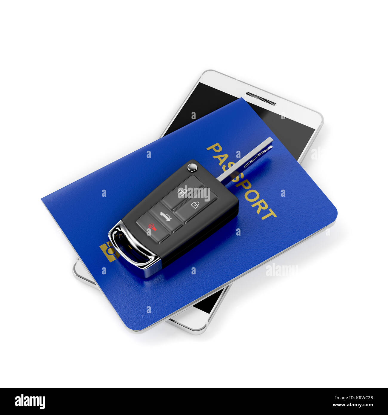 Car key, passport and smartphone Stock Photo
