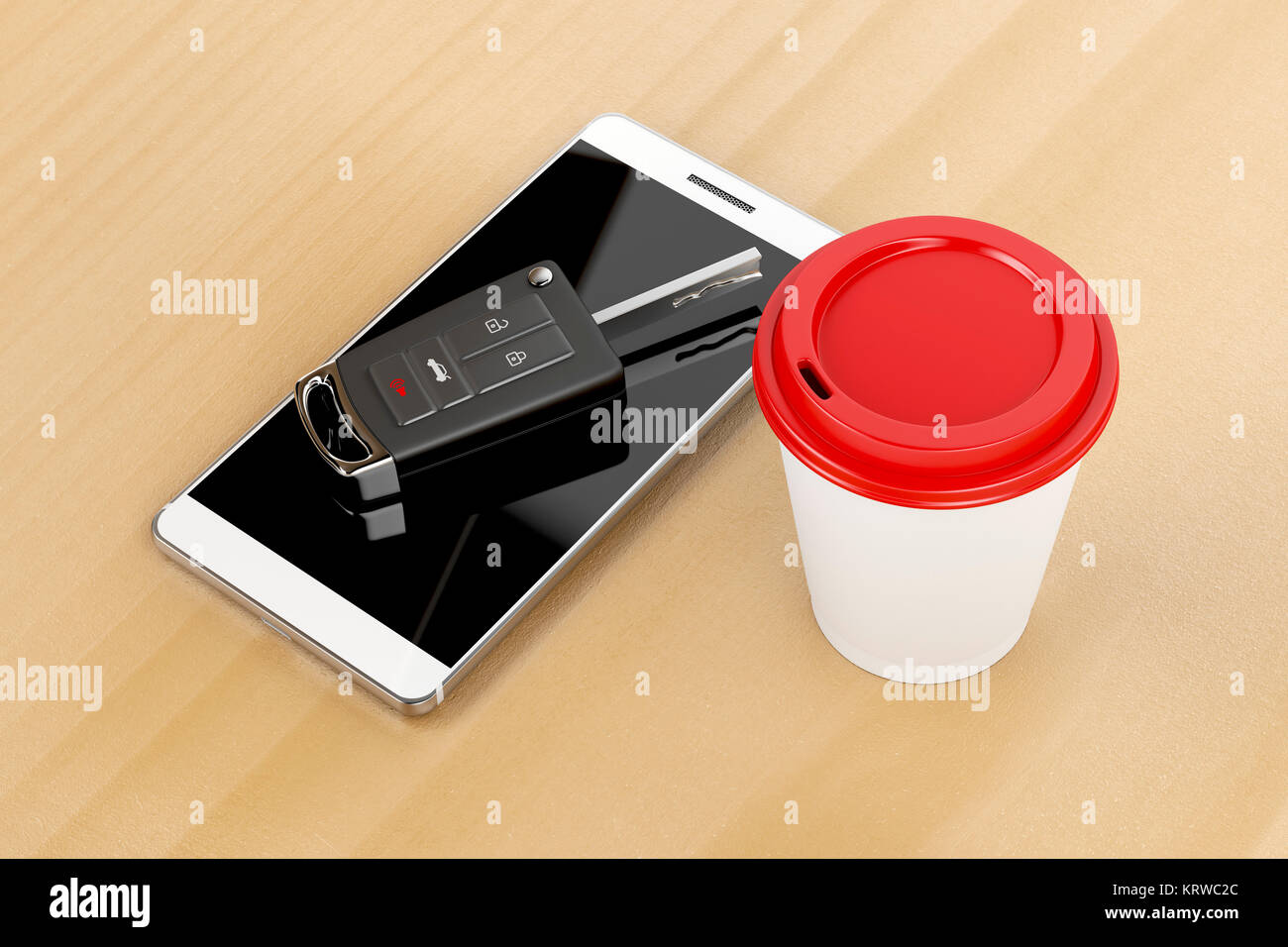 Smartphone, car key and coffee Stock Photo