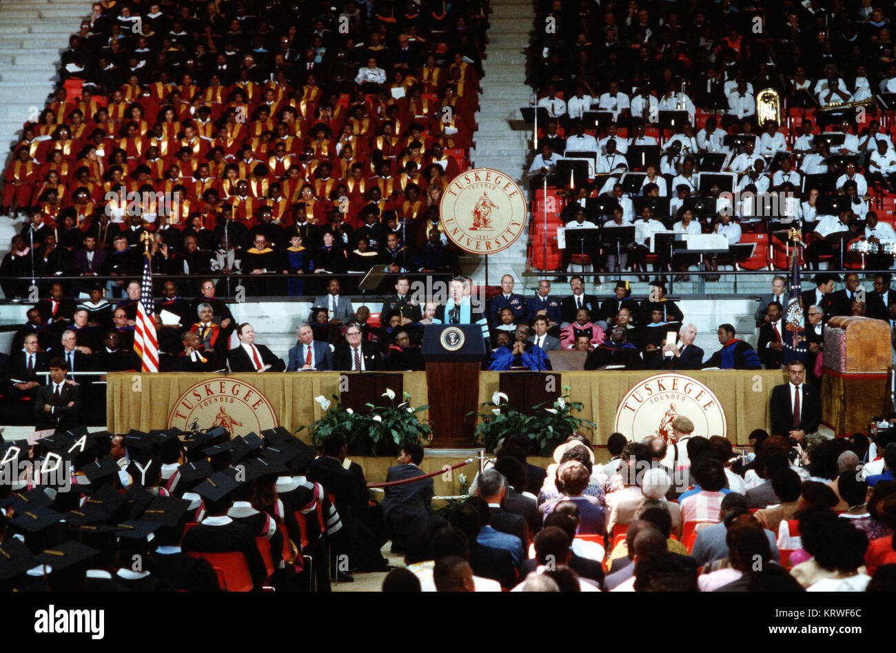 President Ronald Reagan addresses the graduating class at Tuskegee University. Stock Photo