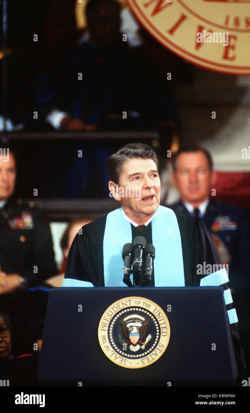 President Ronald Reagan gives graduation address to the graduating