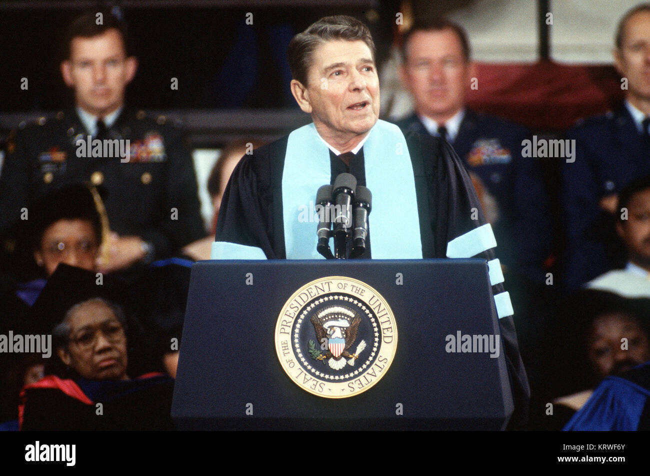 President Ronald Reagan gives graduation address to the graduating class of Tuskegee University their friends and families during ceremonies held at the university. Exact Date Shot Unknown Stock Photo