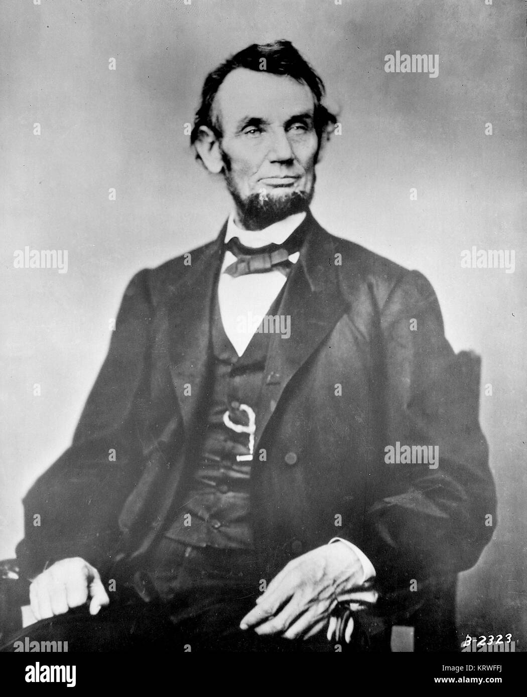 EDITORIAL USE ONLY - Matthew Brady photo of President Abraham Lincoln seated 1861-1865 Stock Photo
