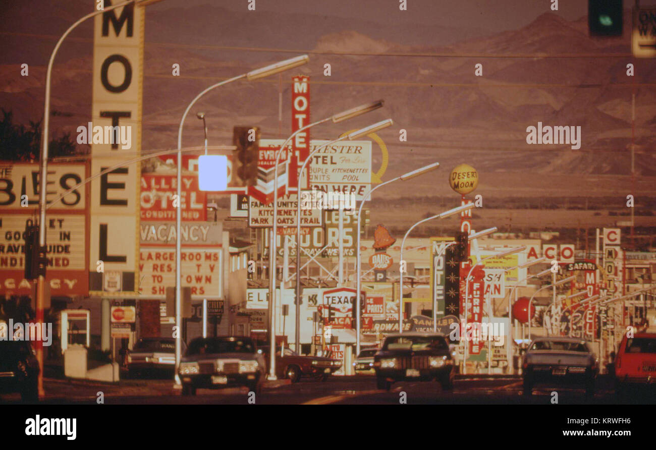 1970s signs along a street in Las Vegas Nevada in May 1972 Stock Photo
