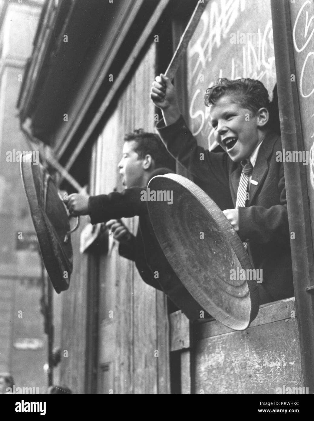 Children with shield and stick, England, Great Britain Stock Photo