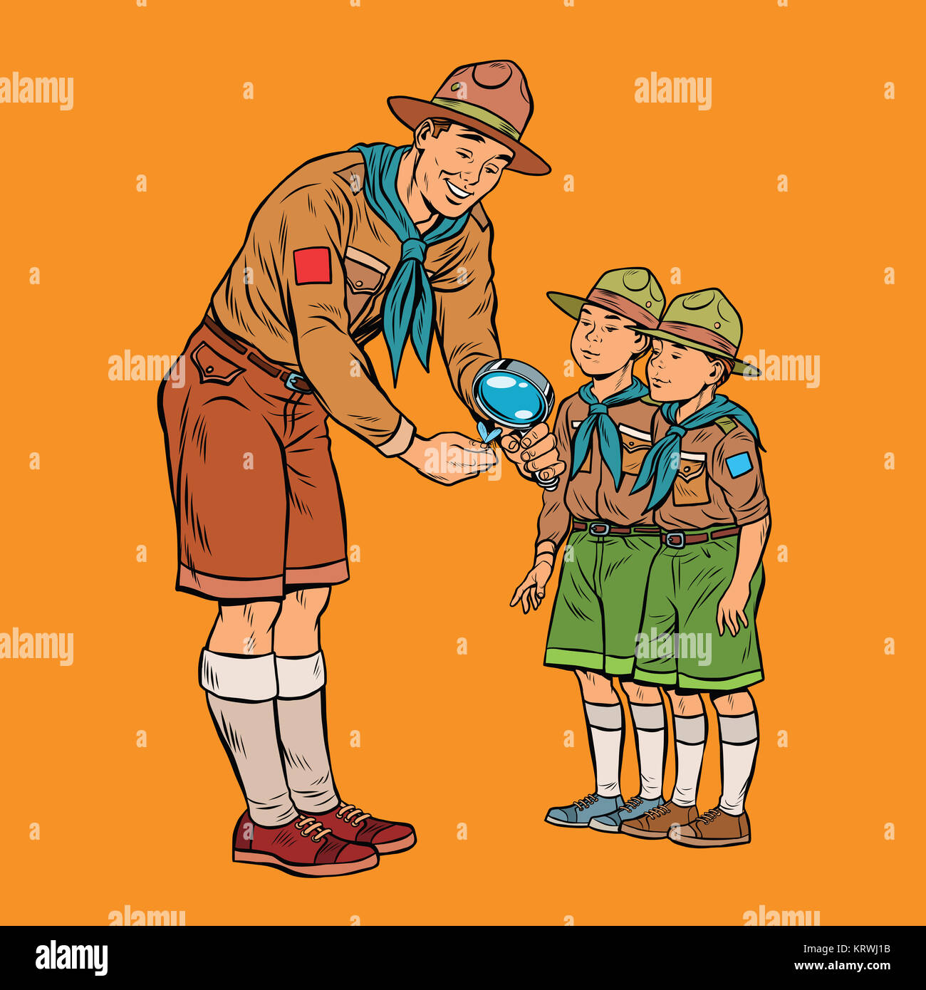 scoutmaster shows little insect to young scouts Stock Photo