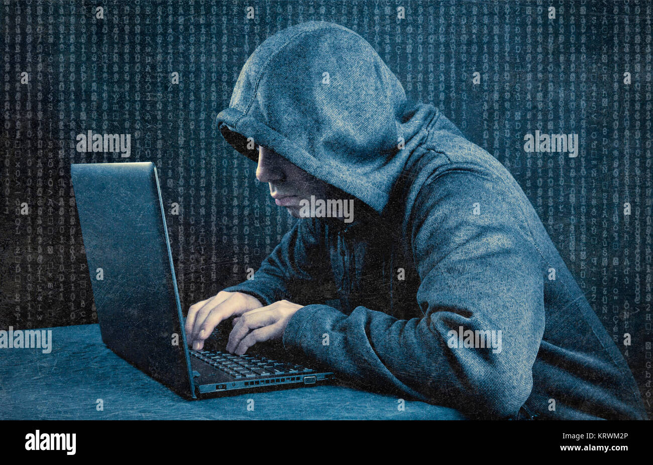 Hooded computer hacker with laptop Stock Photo