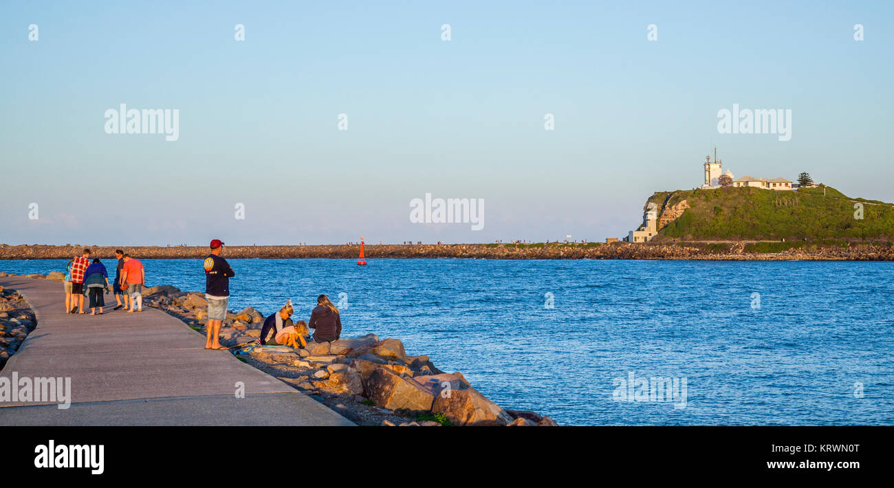 Australia, New South Wales, Port of Newcastle, view of Nobbys Lighthouse from Shipwreck Walk on the Stockton breakwater Stock Photo