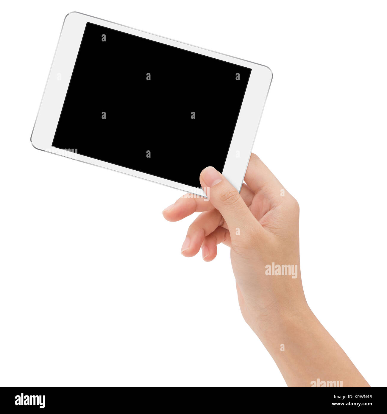 Close-up hand holding mock-ups digital tablet on white background Stock Photo