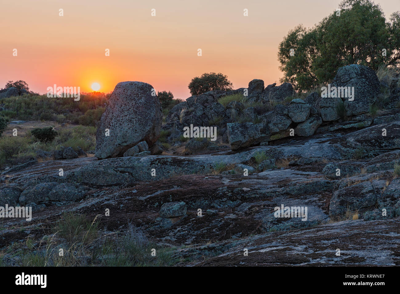 Sunset in the natural area of los Barruecos. Spain. Stock Photo