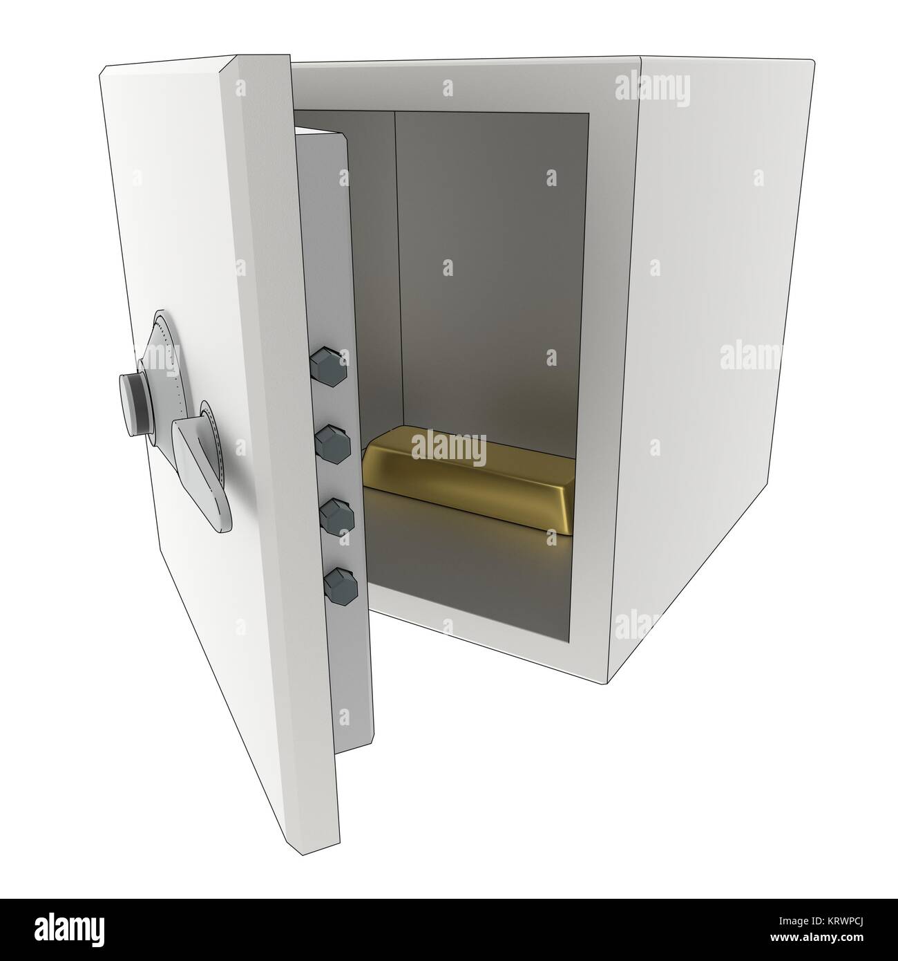 A 3D rendering of an open safe with a single gold bar in it. Stock Photo