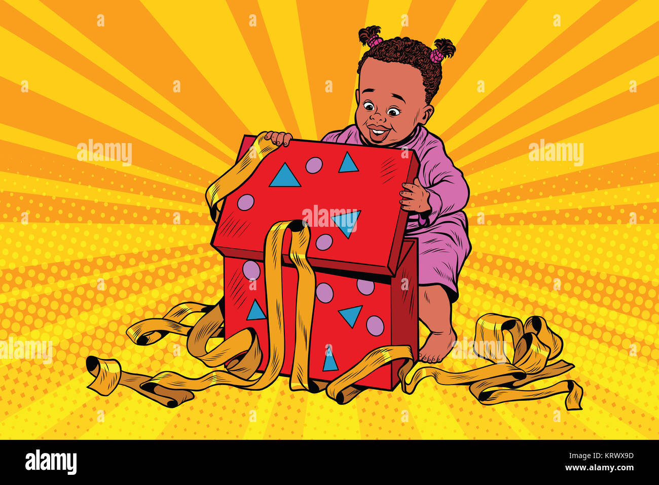 Pop art girl opens the gift box Stock Photo Alamy