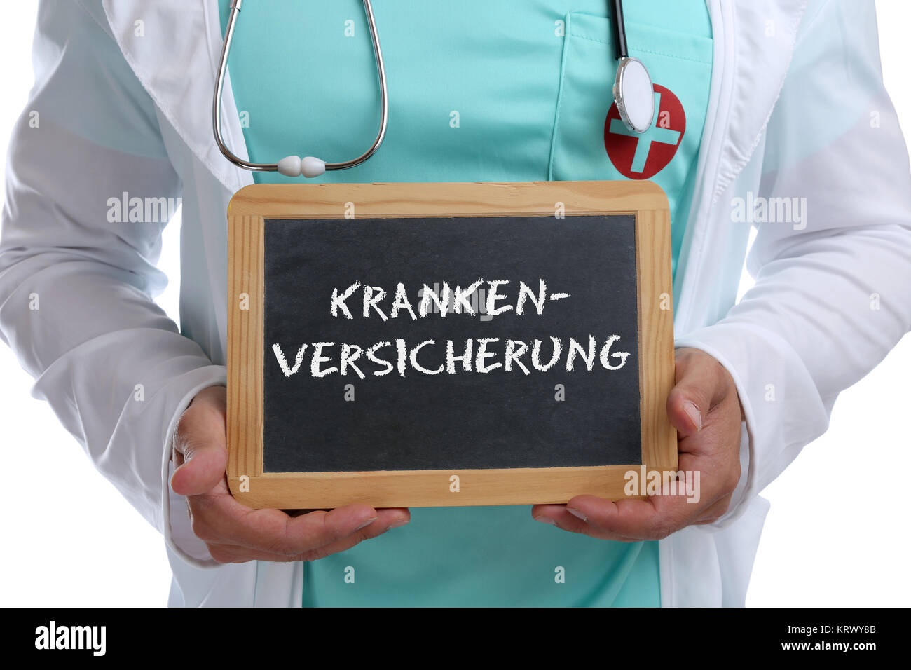 Krankenversicherung Versicherung Gesundheit Vorsorge Medizin junger Arzt Doktor mit Schild Stock Photo