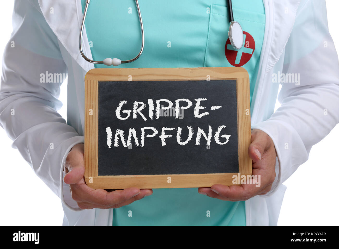 Grippeimpfung Grippe Impfung impfen krank Krankheit junger Arzt Doktor mit Schild Stock Photo