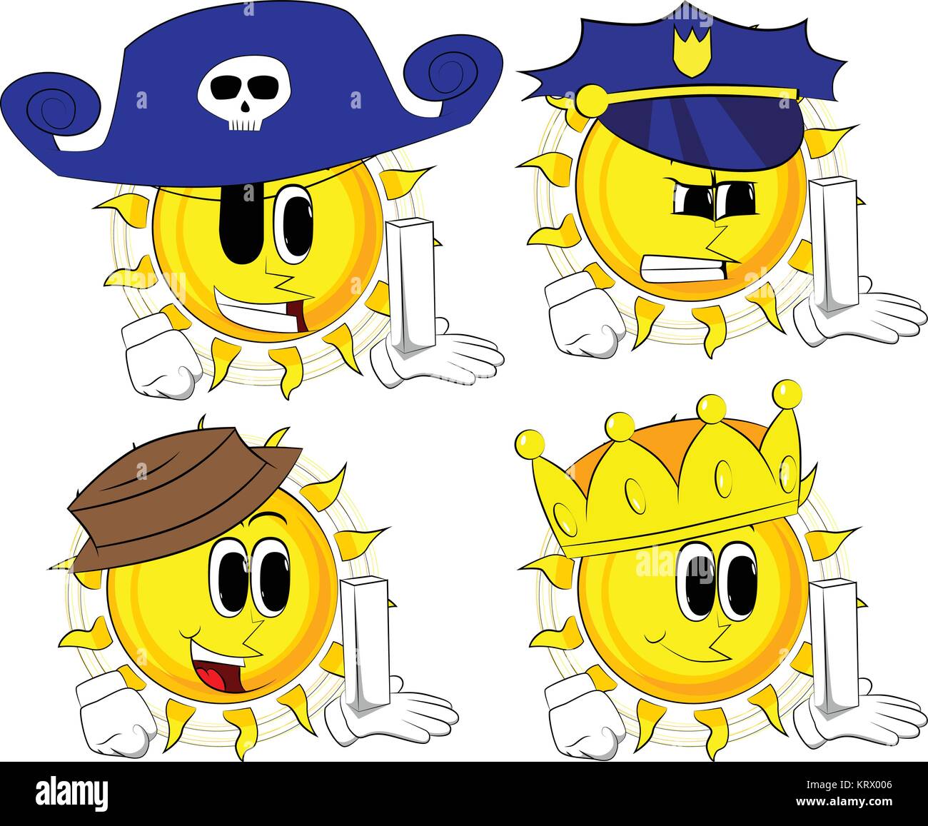 Cartoon sun holding white tall box. Collection with costume. Expressions vector set. Stock Vector