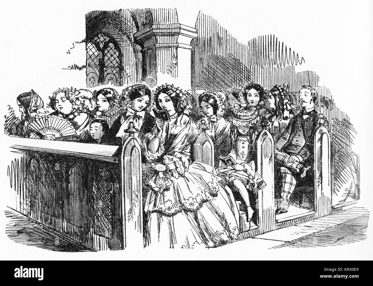 Engraving of a church congregation waiting in the pews, from Punch magazine Stock Photo