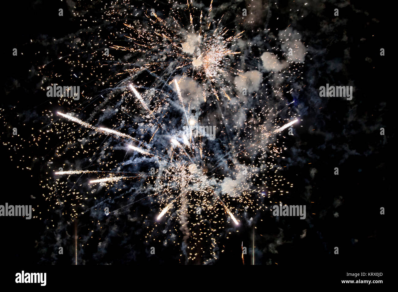 A shining colorful firework is over a dark night sky Stock Photo - Alamy