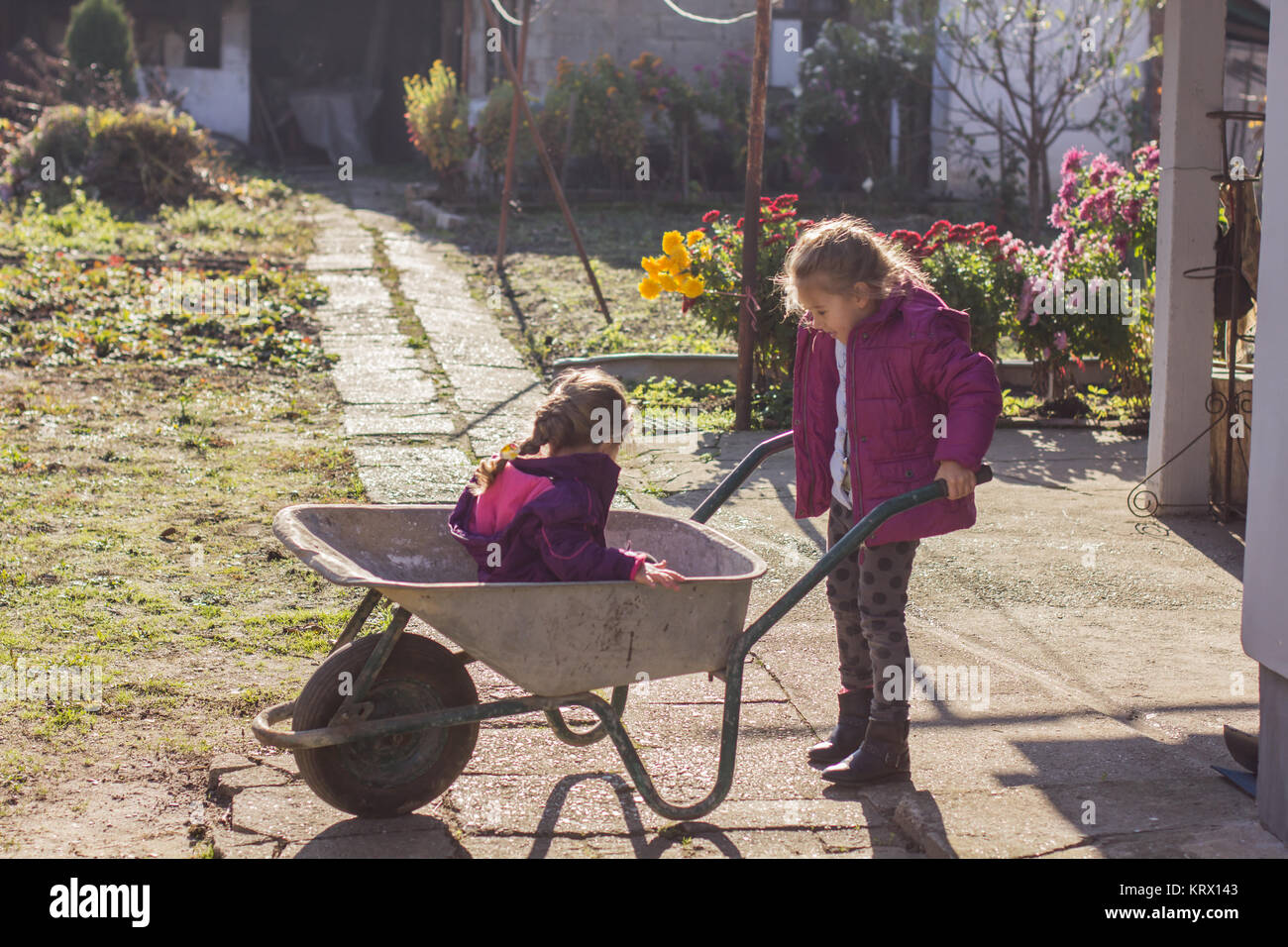 Happy little girls with wheelbarrow Stock Photo - Alamy
