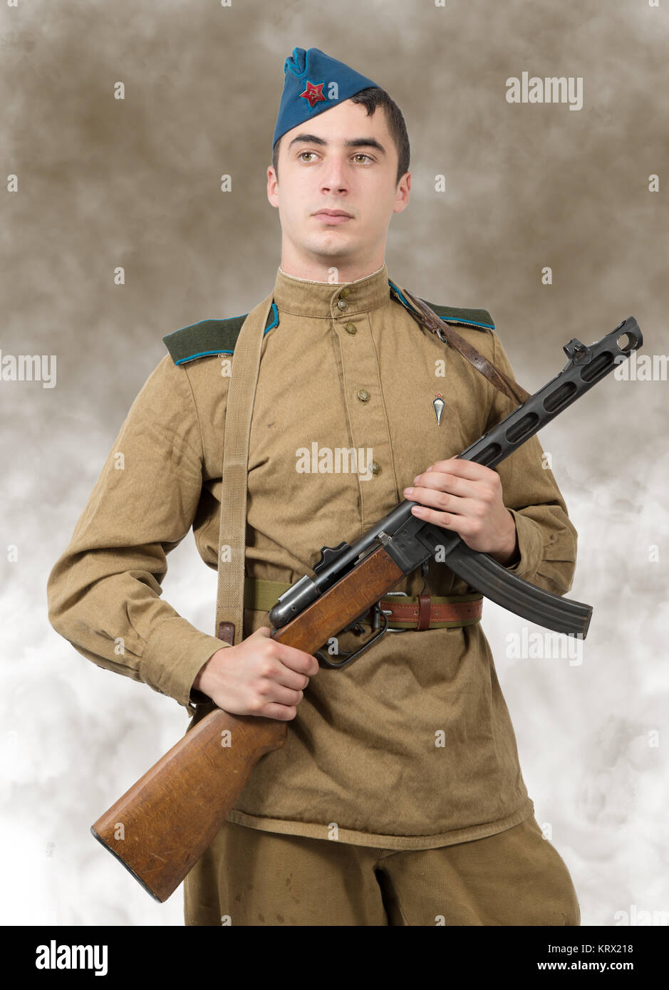 young Soviet soldier with machine gun, ww2 Stock Photo