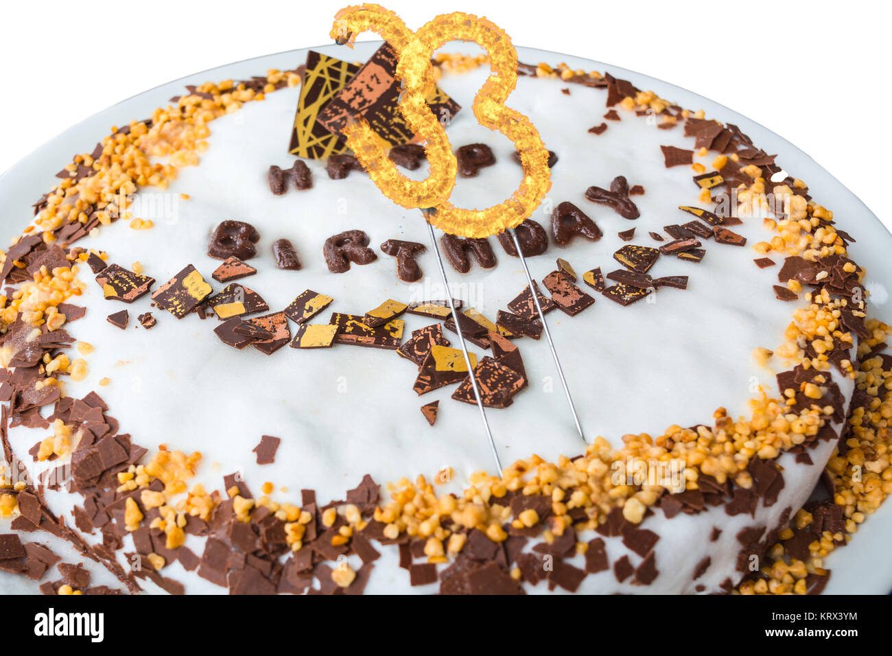 birthday cake with icing,praline and chocolate. Stock Photo