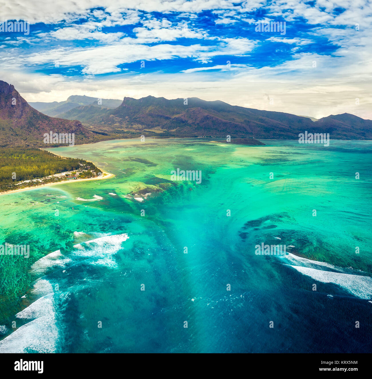 Aerial view of the underwater waterfall. Mauritius Stock Photo