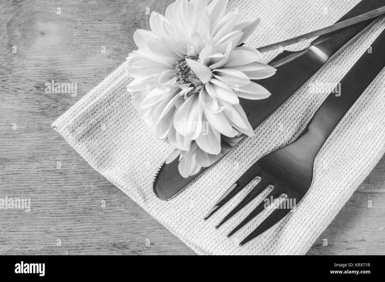 Spring table settings with fresh flower, napkin and silverware. Stock Photo