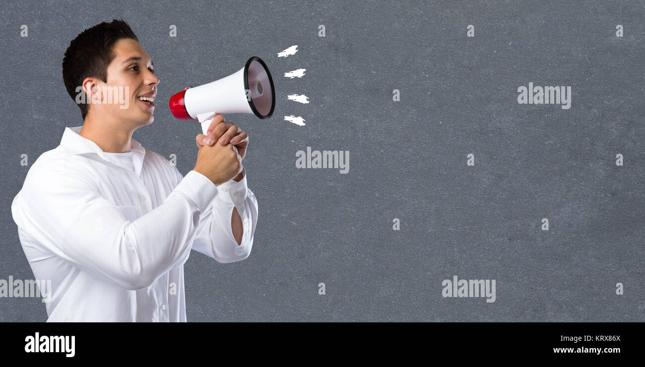 blank blackboard sign copy space copyspace message business concept megaphone young man Stock Photo