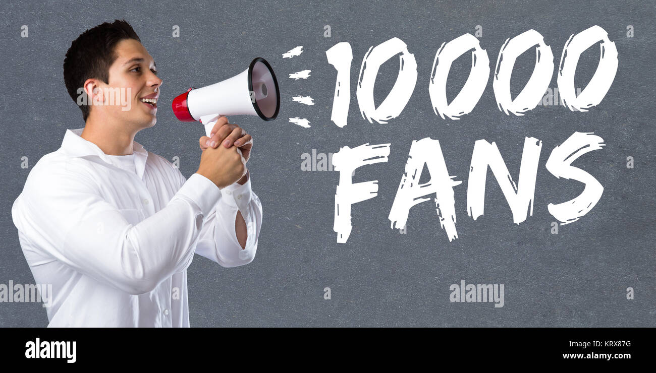 10000 ten thousand fans likes social media networks concept megaphone young man Stock Photo