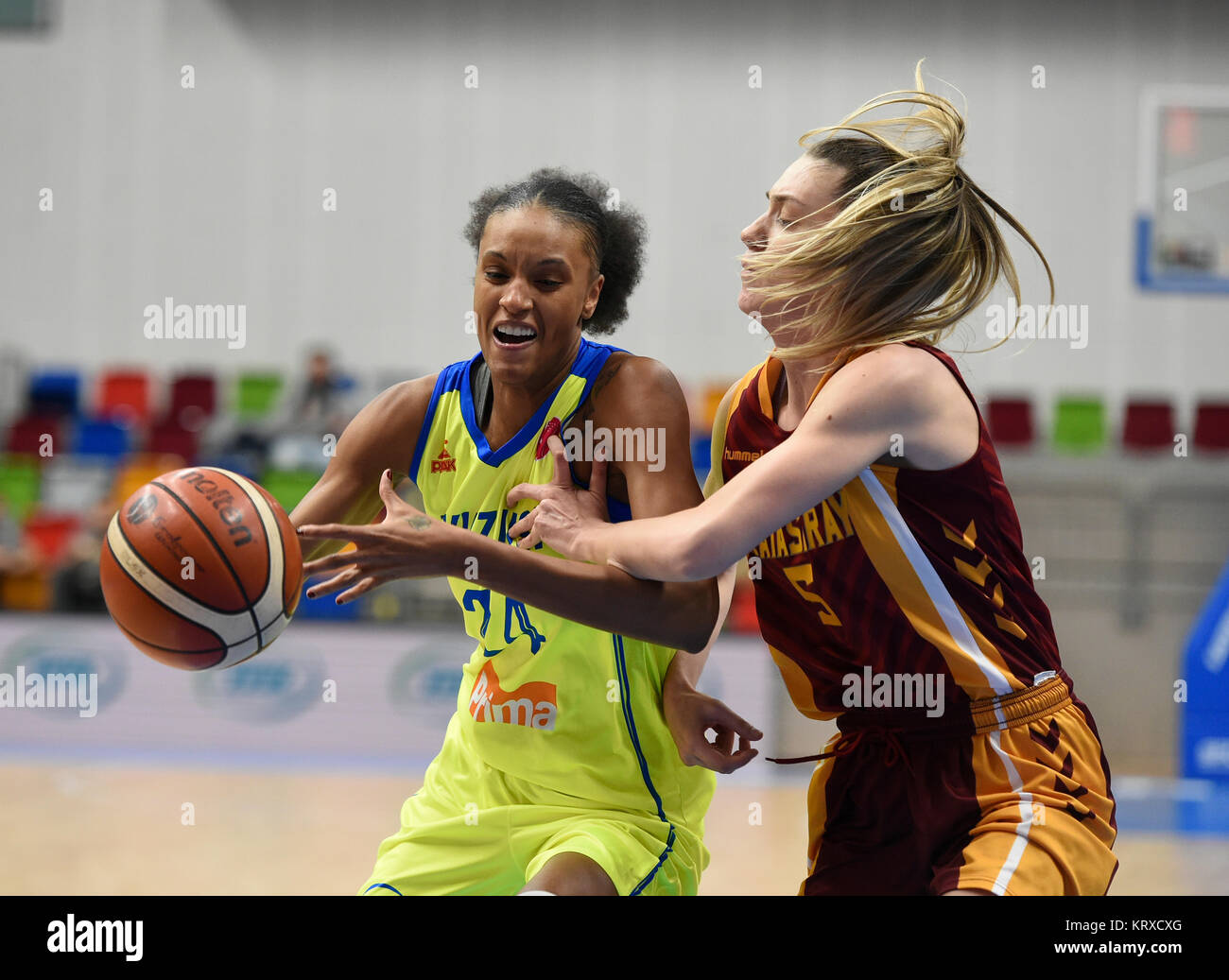 L-R DeWanna Bonner of USK and Meltem Yildizhan of Galatasaray in action  during the 7th round group A of women's basketball European League match  ZVVZ USK Praha vs Galatasaray Istanbul in Prague,