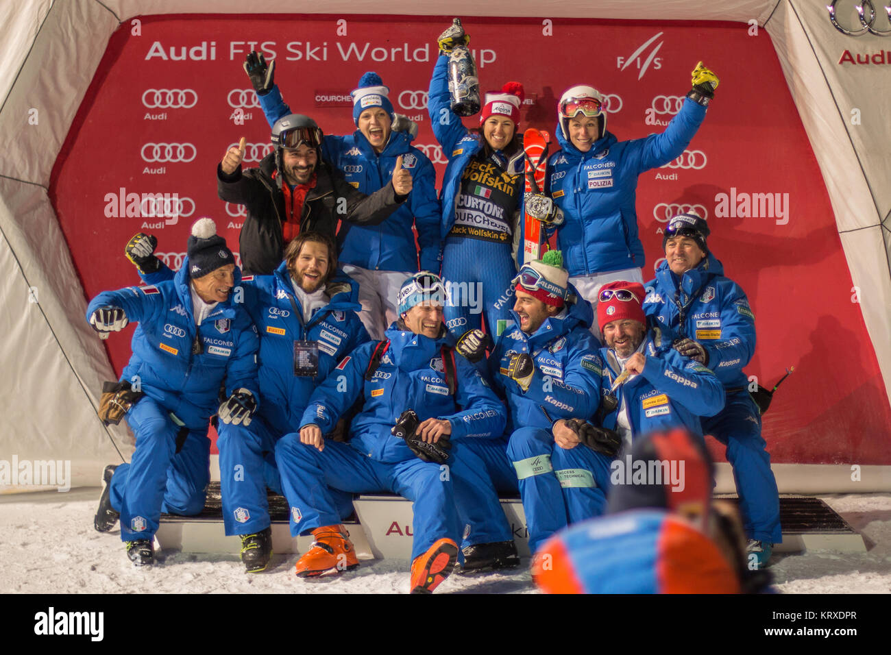 Italian Ski Team happy after the great podium results from Irene Curtoni and Manuela Moelgg in Courchevel Giant Slalom and Parallel slalom vaild for the Audi Fis Alpine Ski World Cup 2017 / 2018 Stock Photo