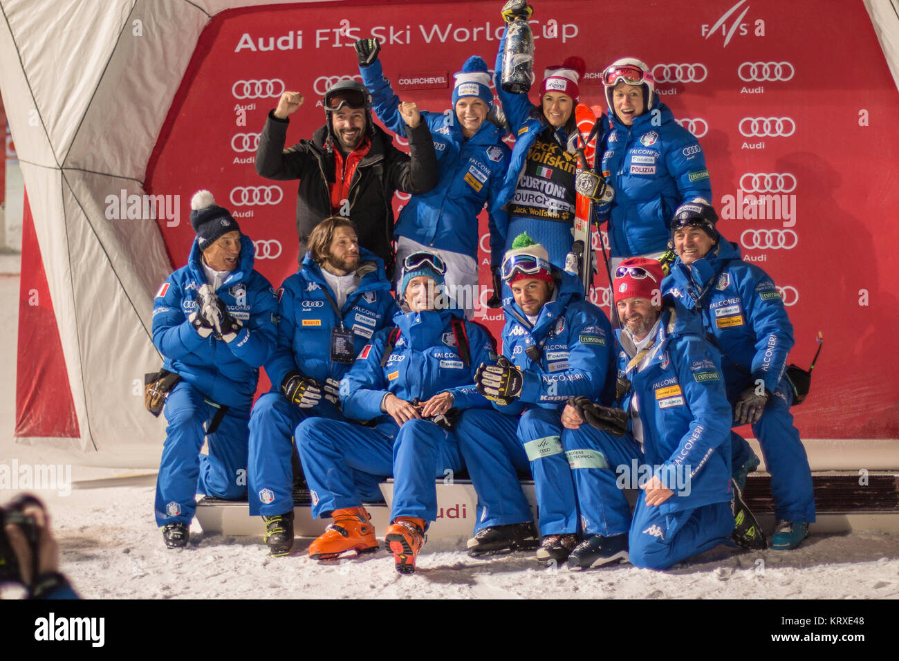 Italian Ski Team happy after the great podium results from Irene Curtoni and Manuela Moelgg in Courchevel Giant Slalom and Parallel slalom vaild for the Audi Fis Alpine Ski World Cup 2017 / 2018 Stock Photo