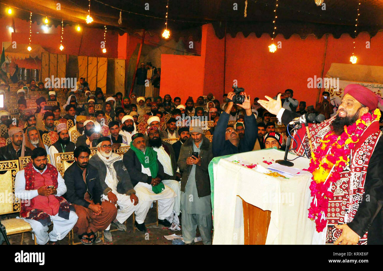 Pakistan Sunni Tehreek Chief, Sarwat Ejaz Qadri addresses during Milad-e-Mustafa Conference held in Larkana on Wednesday, December 20, 2017. Stock Photo