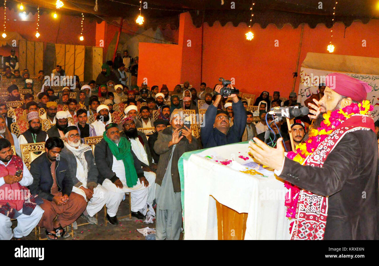 Pakistan Sunni Tehreek Chief, Sarwat Ejaz Qadri addresses during Milad-e-Mustafa Conference held in Larkana on Wednesday, December 20, 2017. Stock Photo